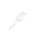 A clear polycarbonate Ice Scoop with a short handle and deep, rounded scoop section is angled against a plain white background. The scoop has a slight shine, and the handle features a small hole at the end for hanging.
