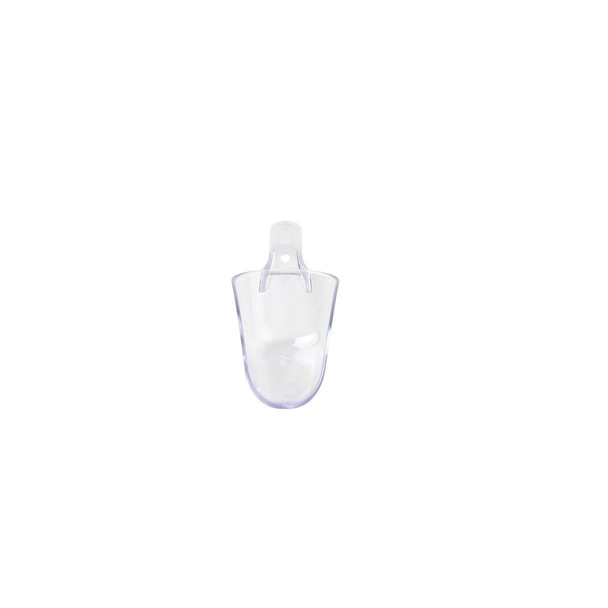 A clear polycarbonate Ice Scoop with a short handle and a hole for hanging is centered on a plain white background. The scoop is empty, dishwasher safe, and its transparent material allows light to pass through, creating subtle reflections.