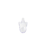 A clear polycarbonate Ice Scoop with a short handle and a hole for hanging is centered on a plain white background. The scoop is empty, dishwasher safe, and its transparent material allows light to pass through, creating subtle reflections.