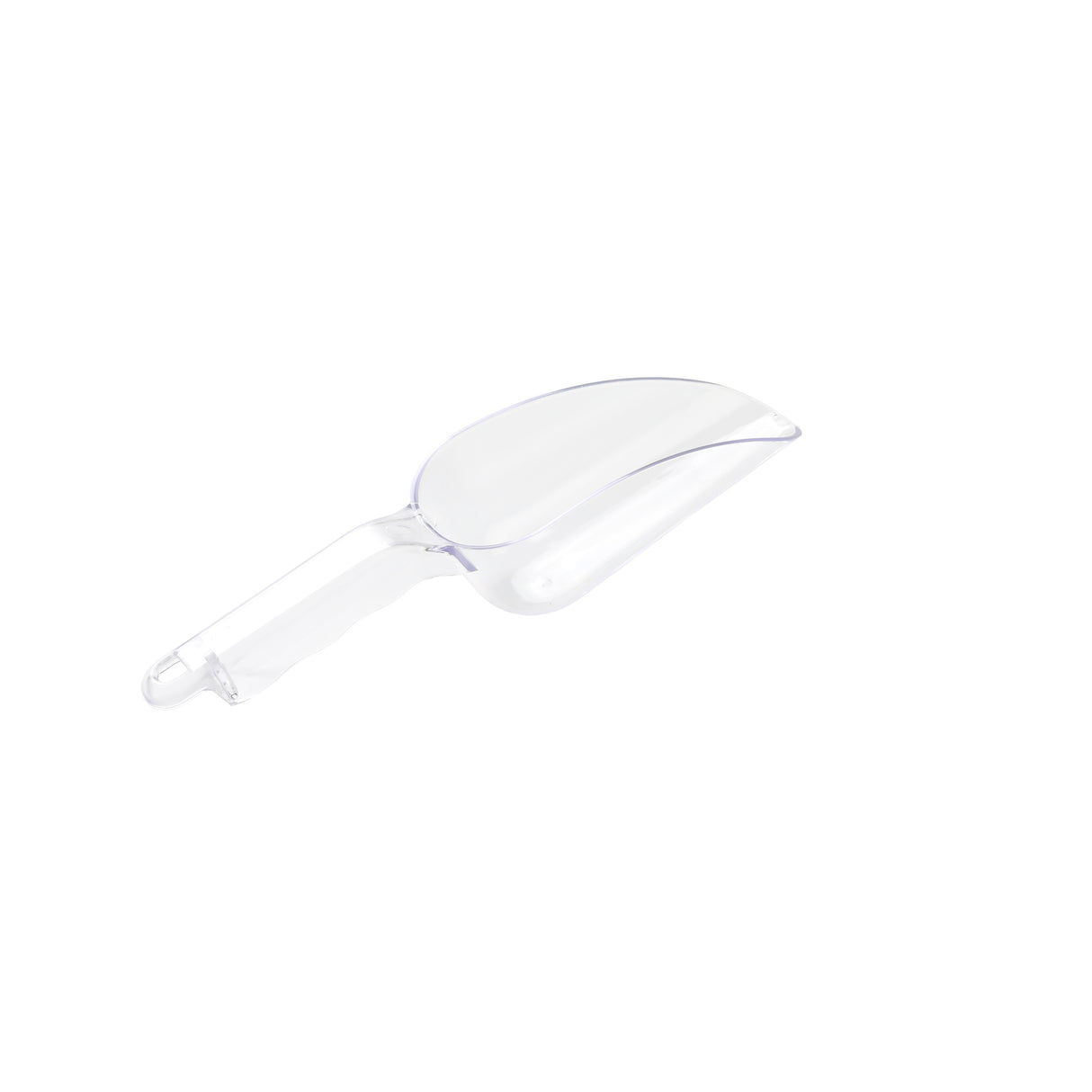 A transparent polycarbonate ice scoop with a short handle and deep, oval-shaped bowl is centered on a white background. The scoop is angled slightly upward, highlighting its smooth surface, defined edges, and dishwasher safe design.