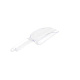 A transparent polycarbonate ice scoop with a short handle and deep, oval-shaped bowl is centered on a white background. The scoop is angled slightly upward, highlighting its smooth surface, defined edges, and dishwasher safe design.