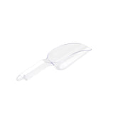 A transparent polycarbonate ice scoop with a short handle and deep, oval-shaped bowl is centered on a white background. The scoop is angled slightly upward, highlighting its smooth surface, defined edges, and dishwasher safe design.