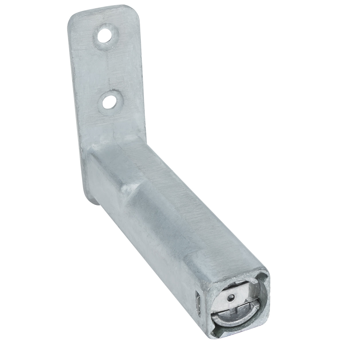A metal bracket with a rectangular arm and two screw holes on its flat mounting plate, commonly found in Empura Refrigeration systems. The end of the arm features a round, recessed area, ideal as an Empura Parts mounting or support component.
