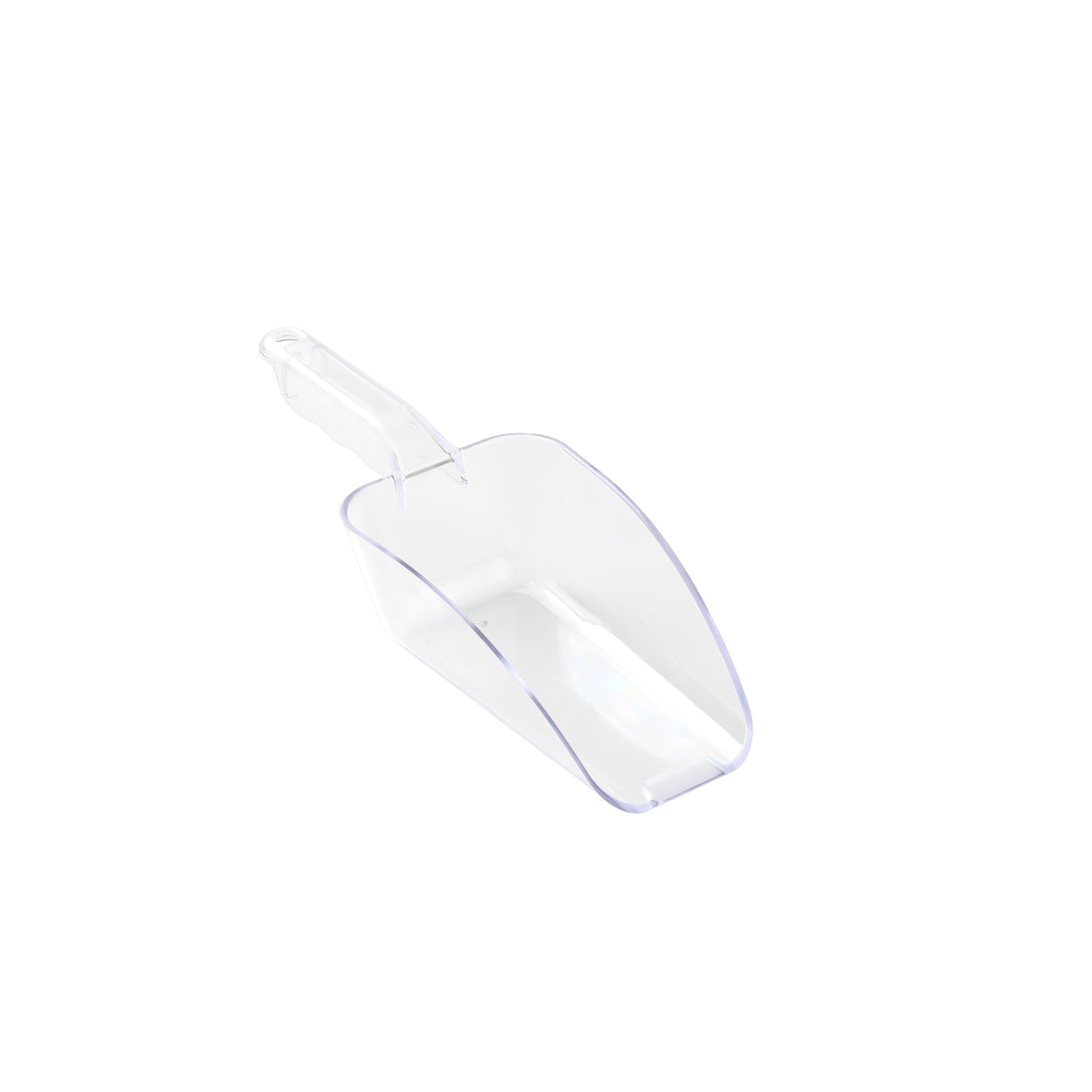 A clear polycarbonate Ice Scoop with a flat bottom, high sides, and a short handle is placed on a white background. The 24 oz. scoop is angled slightly to the left, revealing its open top and hollow interior.
