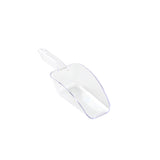 A clear polycarbonate Ice Scoop with a flat bottom, high sides, and a short handle is placed on a white background. The 24 oz. scoop is angled slightly to the left, revealing its open top and hollow interior.
