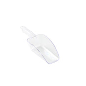 A clear polycarbonate Ice Scoop with a flat bottom, high sides, and a short handle is placed on a white background. The 24 oz. scoop is angled slightly to the left, revealing its open top and hollow interior.