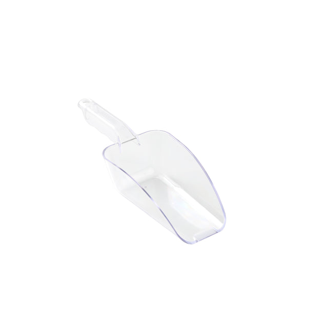 A clear polycarbonate Ice Scoop with a flat bottom, high sides, and a short handle is placed on a white background. The 24 oz. scoop is angled slightly to the left, revealing its open top and hollow interior.