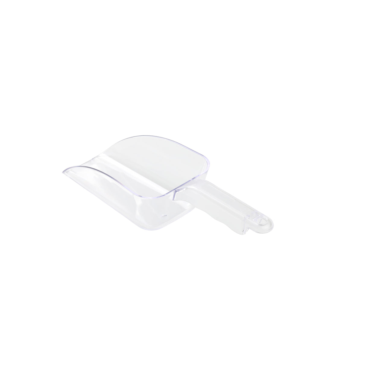 A clear polycarbonate Ice Scoop with a flat bottom and a rounded, deep 24 oz. bowl sits on a white background. The scoop features a short, straight handle with a small hole at the end for hanging and is fully transparent and unmarked.