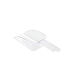 A clear polycarbonate Ice Scoop with a flat bottom and a rounded, deep 24 oz. bowl sits on a white background. The scoop features a short, straight handle with a small hole at the end for hanging and is fully transparent and unmarked.