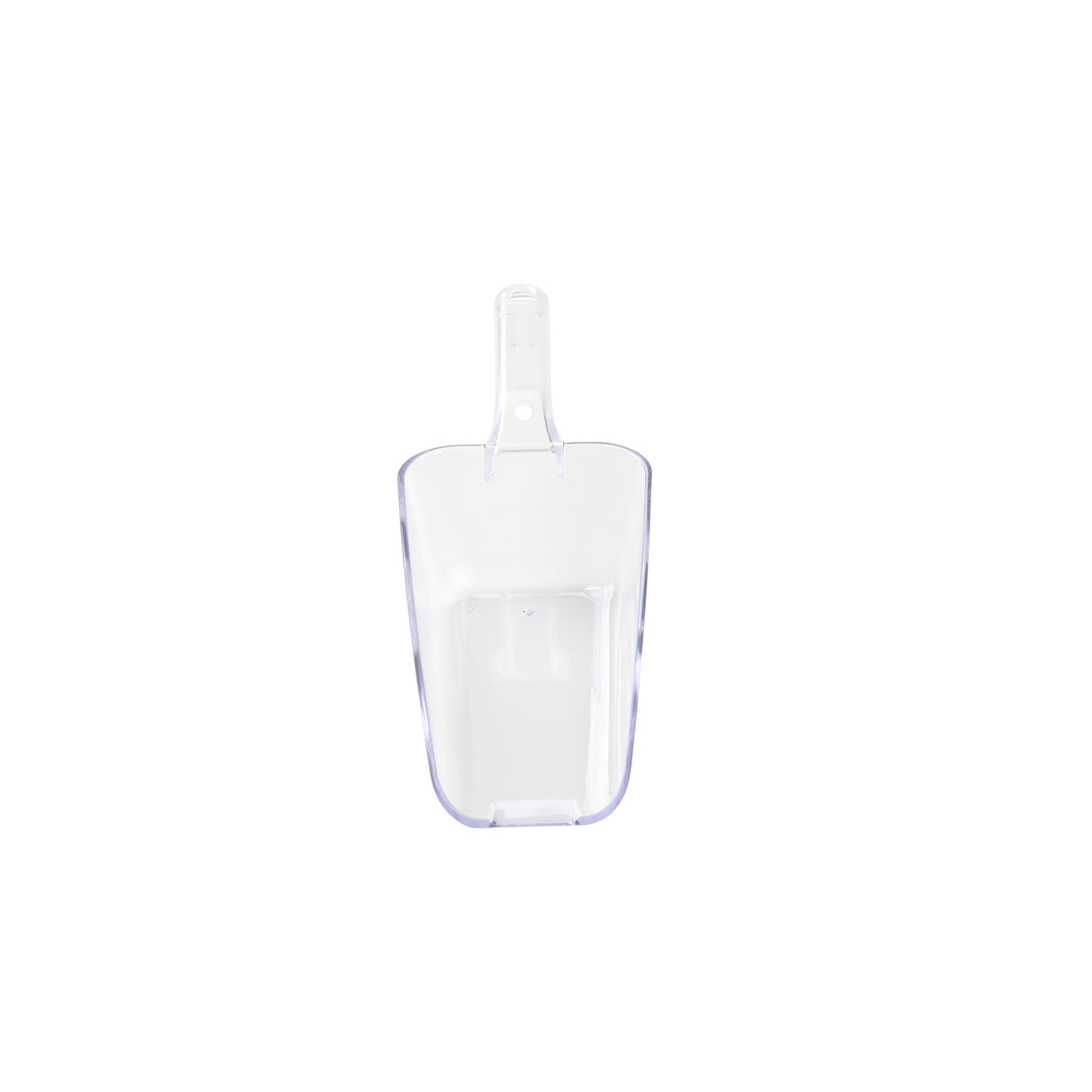 A clear polycarbonate ice scoop with a flat bottom and slightly curved handle is centered on a white background. The 24 oz. scoop appears empty, and its transparent design allows the white surface beneath it to show through.