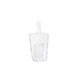 A clear polycarbonate ice scoop with a flat bottom and slightly curved handle is centered on a white background. The 24 oz. scoop appears empty, and its transparent design allows the white surface beneath it to show through.