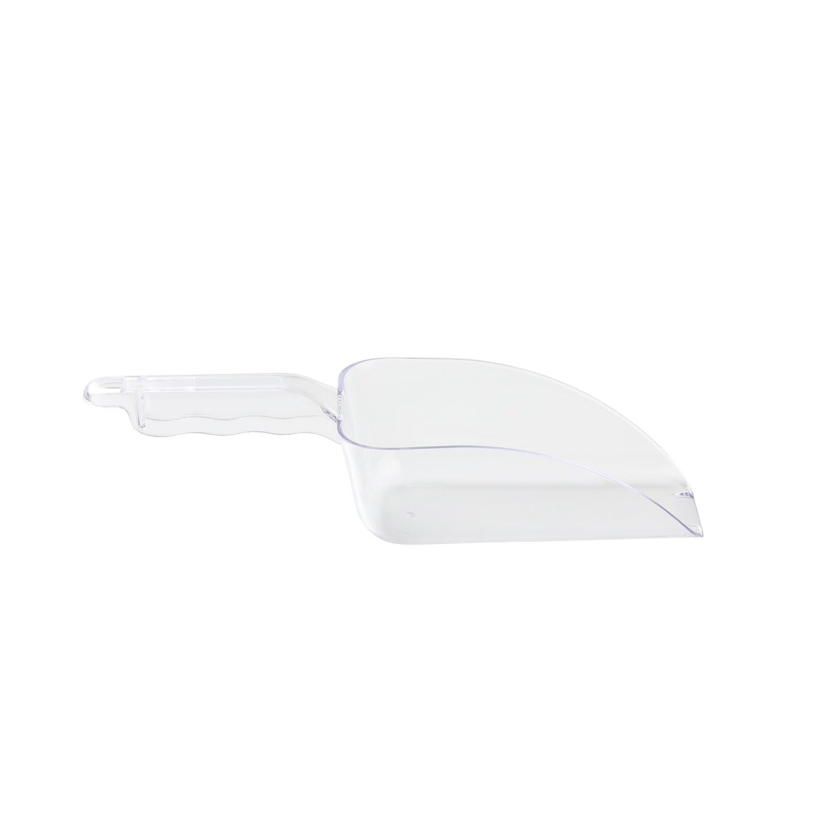 A clear polycarbonate ice scoop with a short, grooved handle and a deep 24 oz. rectangular basin. The smooth, curved edges and transparent material make it appear almost invisible against the white background.