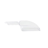 A clear polycarbonate ice scoop with a short, grooved handle and a deep 24 oz. rectangular basin. The smooth, curved edges and transparent material make it appear almost invisible against the white background.