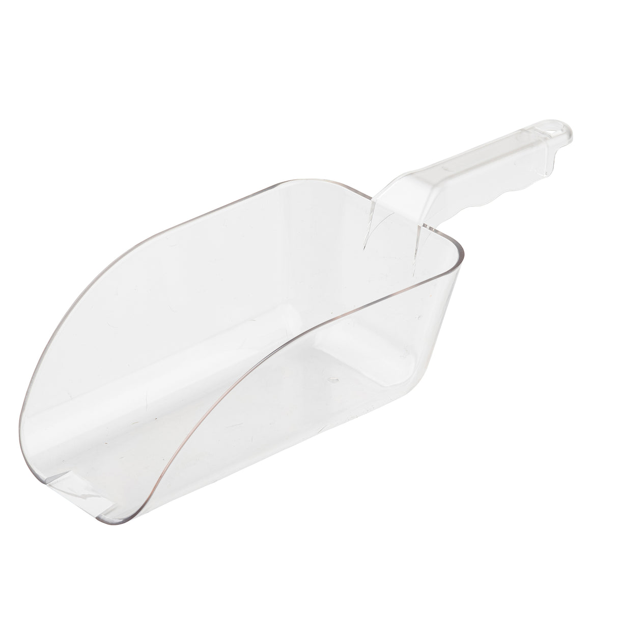 A clear polycarbonate ice scoop with a deep, rectangular 32 oz. basin and a slightly curved handle, designed for scooping dry goods or bulk materials. The scoop is displayed on a plain white background.
