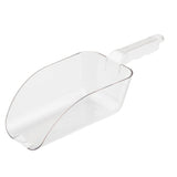A clear polycarbonate ice scoop with a deep, rectangular 32 oz. basin and a slightly curved handle, designed for scooping dry goods or bulk materials. The scoop is displayed on a plain white background.