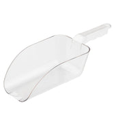 A clear polycarbonate ice scoop with a deep, rectangular 32 oz. basin and a slightly curved handle, designed for scooping dry goods or bulk materials. The scoop is displayed on a plain white background.