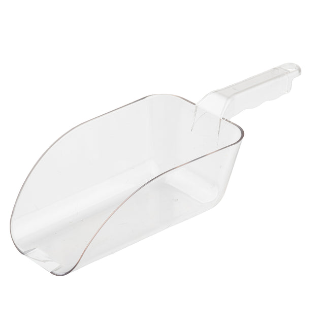 A clear polycarbonate ice scoop with a deep, rectangular 32 oz. basin and a slightly curved handle, designed for scooping dry goods or bulk materials. The scoop is displayed on a plain white background.