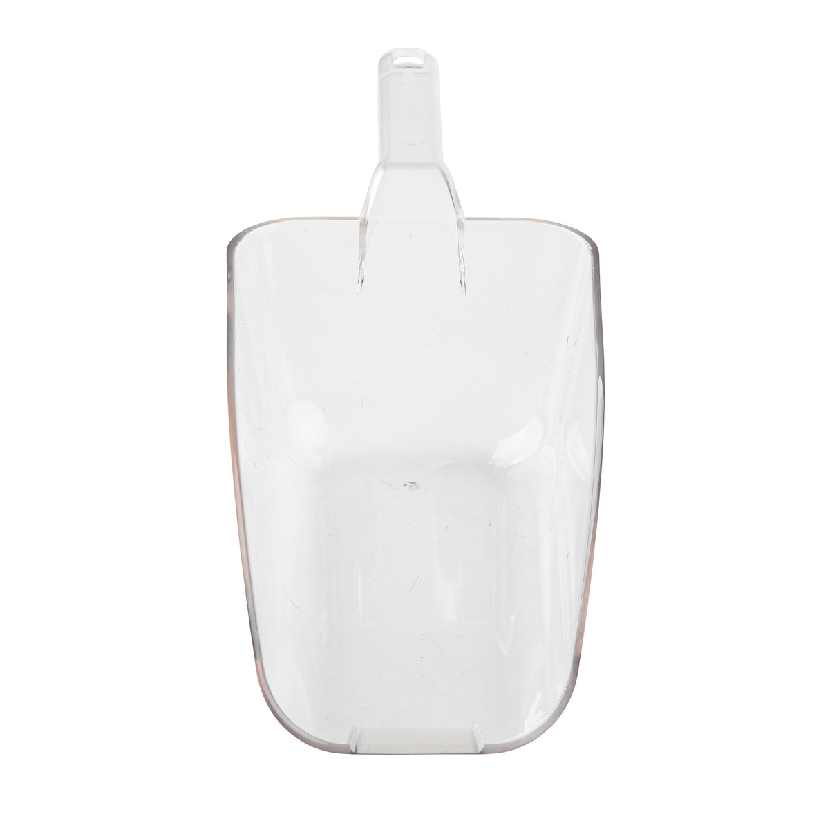 A clear polycarbonate ice scoop with a straight handle, high slightly curved sides, and a flat base. This 32 oz. scoop is perfect for picking up or measuring bulk items like flour, sugar, or grains against a plain white background.