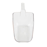 A clear polycarbonate ice scoop with a straight handle, high slightly curved sides, and a flat base. This 32 oz. scoop is perfect for picking up or measuring bulk items like flour, sugar, or grains against a plain white background.