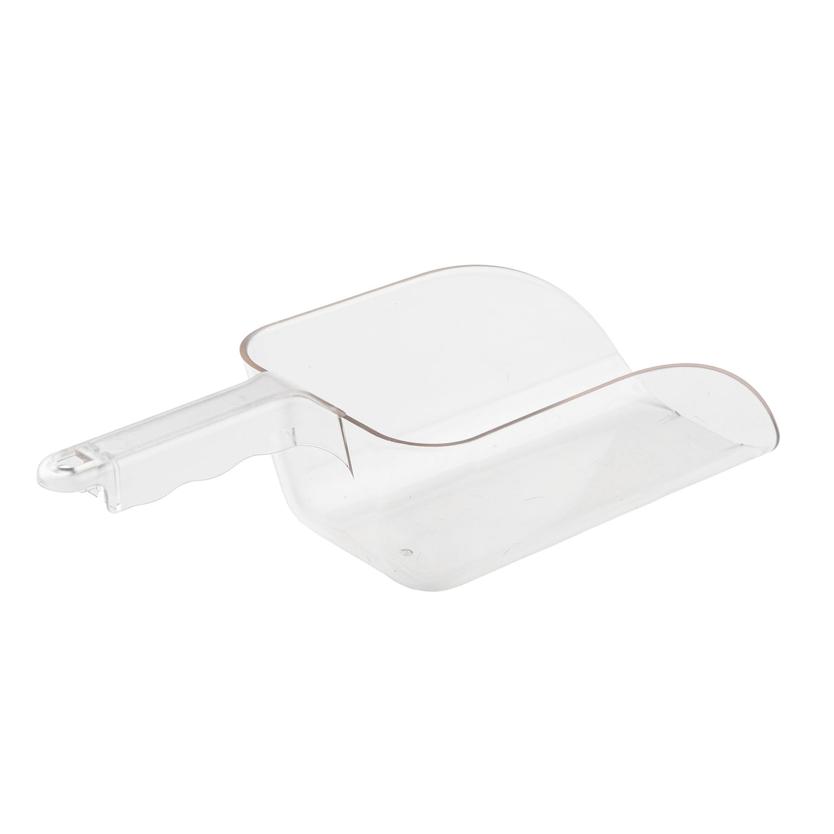 A clear polycarbonate Ice Scoop featuring a flat handle with a hanging hole and a deep 32 oz. rectangular basin, slightly curved at the edges. The scoop is empty and rests on a plain white background.
