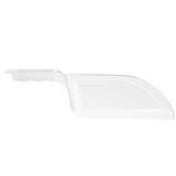 A clear, polycarbonate cake or pie server with a curved blade and molded handle is seen from the side against a white background. The handle has finger grips for comfort, and the triangular blade is slightly rounded—like an ice scoop—for easy serving.