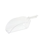 A clear polycarbonate ice scoop with a flat bottom and slightly curved sides, featuring a ridged handle for grip, is shown on a white background. This 64 oz. scoop is empty and oriented with the handle pointing to the right.
