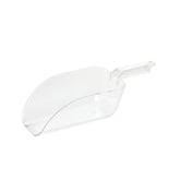 A clear polycarbonate ice scoop with a flat bottom and slightly curved sides, featuring a ridged handle for grip, is shown on a white background. This 64 oz. scoop is empty and oriented with the handle pointing to the right.