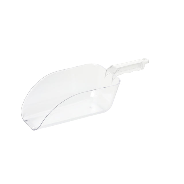 A clear polycarbonate ice scoop with a flat bottom and slightly curved sides, featuring a ridged handle for grip, is shown on a white background. This 64 oz. scoop is empty and oriented with the handle pointing to the right.