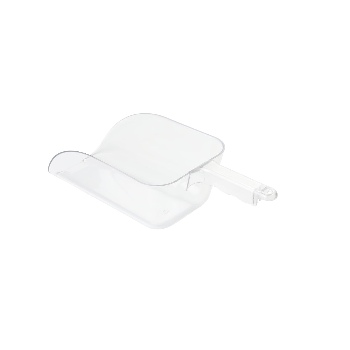 A clear polycarbonate Ice Scoop with a short handle is shown on a white background. The scoop is rectangular with rounded edges, a curved edge for easy pouring, and holds up to 64 oz. The transparent material allows full visibility through the scoop.