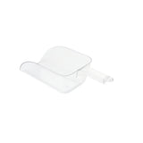 A clear polycarbonate Ice Scoop with a short handle is shown on a white background. The scoop is rectangular with rounded edges, a curved edge for easy pouring, and holds up to 64 oz. The transparent material allows full visibility through the scoop.