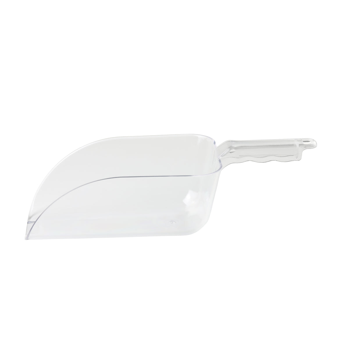 A clear polycarbonate Ice Scoop with a rounded, deep 64 oz. bowl and a straight, ridged handle. The scoop is empty and isolated on a white background, angled to show the handle on the right and the open mouth on the left.