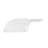 A clear polycarbonate Ice Scoop with a rounded, deep 64 oz. bowl and a straight, ridged handle. The scoop is empty and isolated on a white background, angled to show the handle on the right and the open mouth on the left.