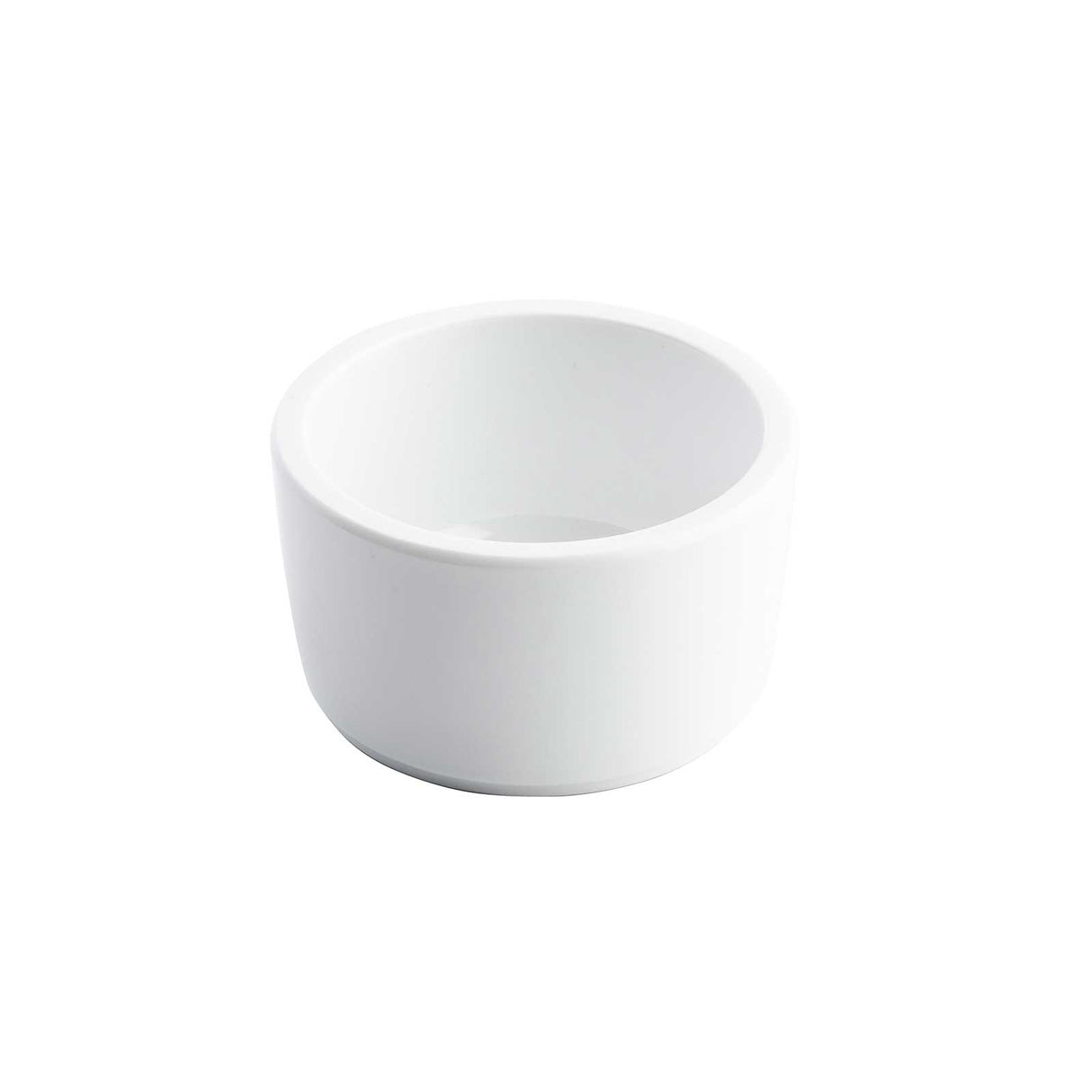A plain, white, round 2 oz. ramekin with smooth sides and a thick rim, shown on a white background. The bowl is empty and features a simple, minimalist design.