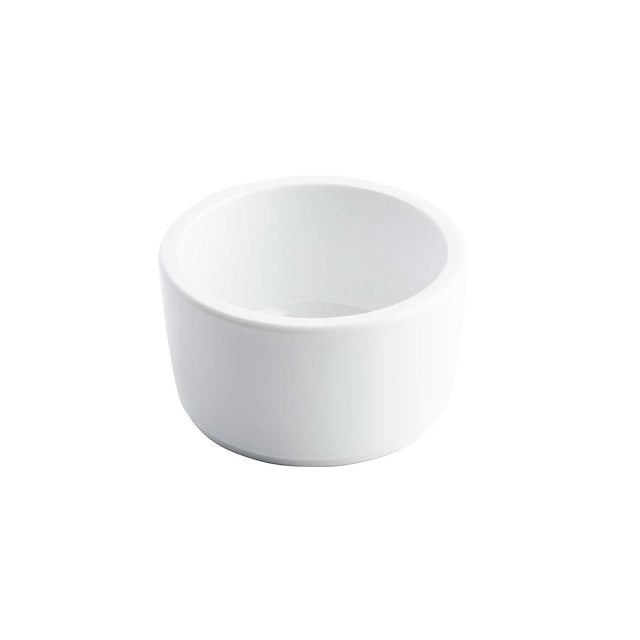 A plain, white, round 2 oz. ramekin with smooth sides and a thick rim, shown on a white background. The bowl is empty and features a simple, minimalist design.