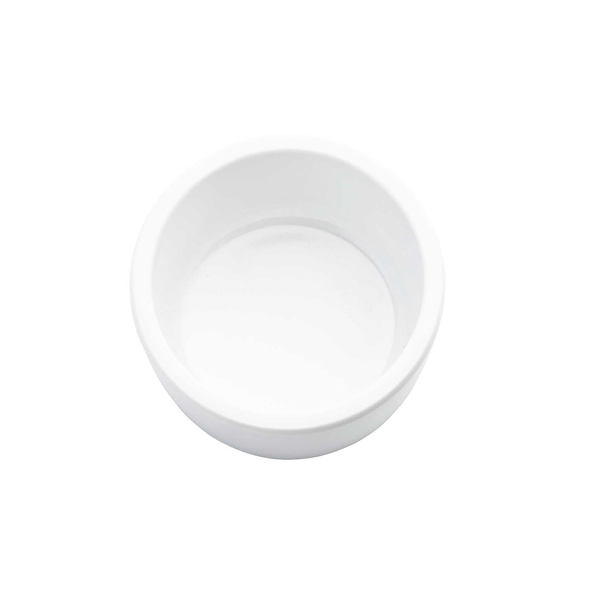 A small, round, white 2 oz. ramekin, viewed from above, empty and placed on a plain white background.
