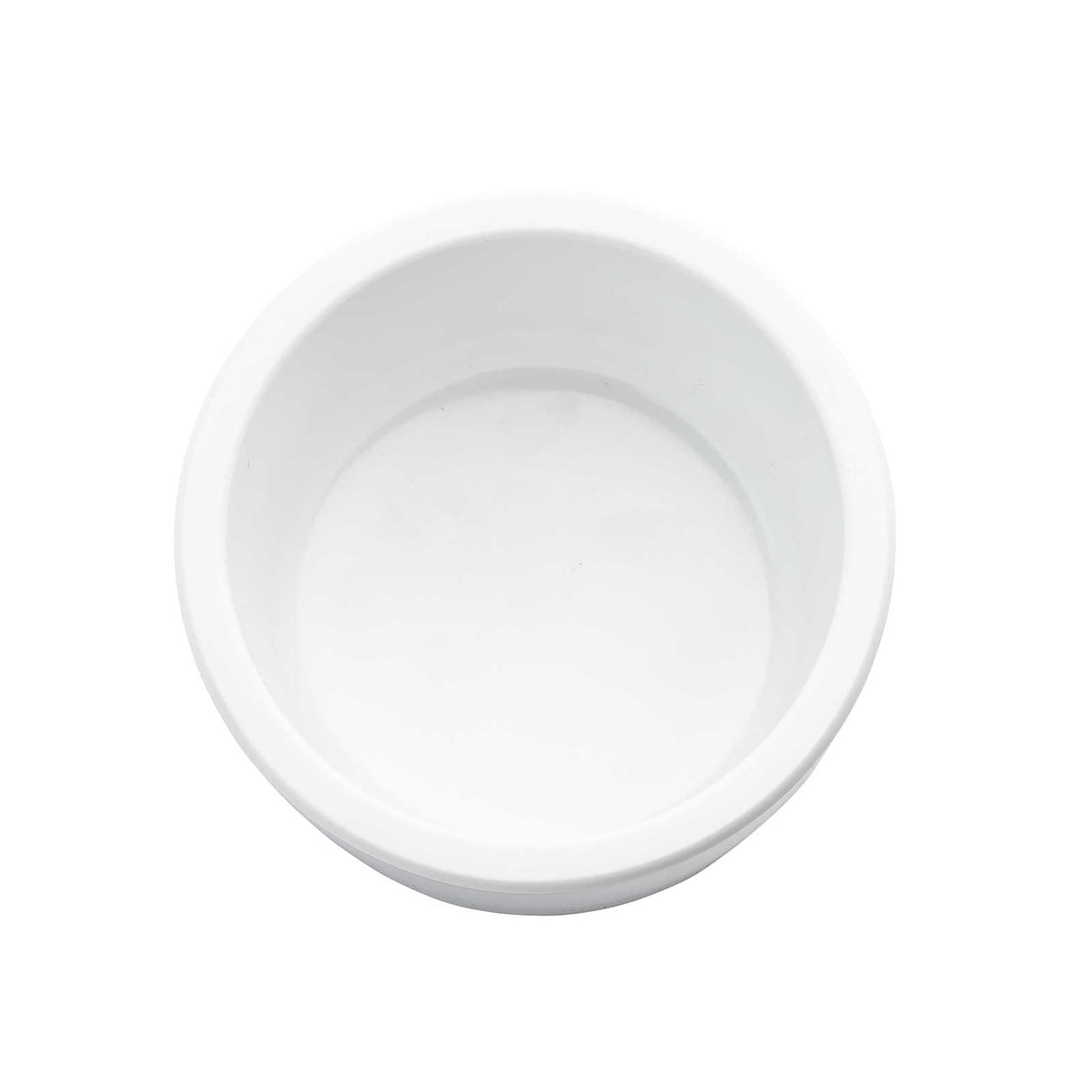A plain, empty white 3 oz ramekin is shown from a top-down view against a white background. The melamine bowl has smooth, rounded sides and a glossy finish, with no visible patterns or decorations.