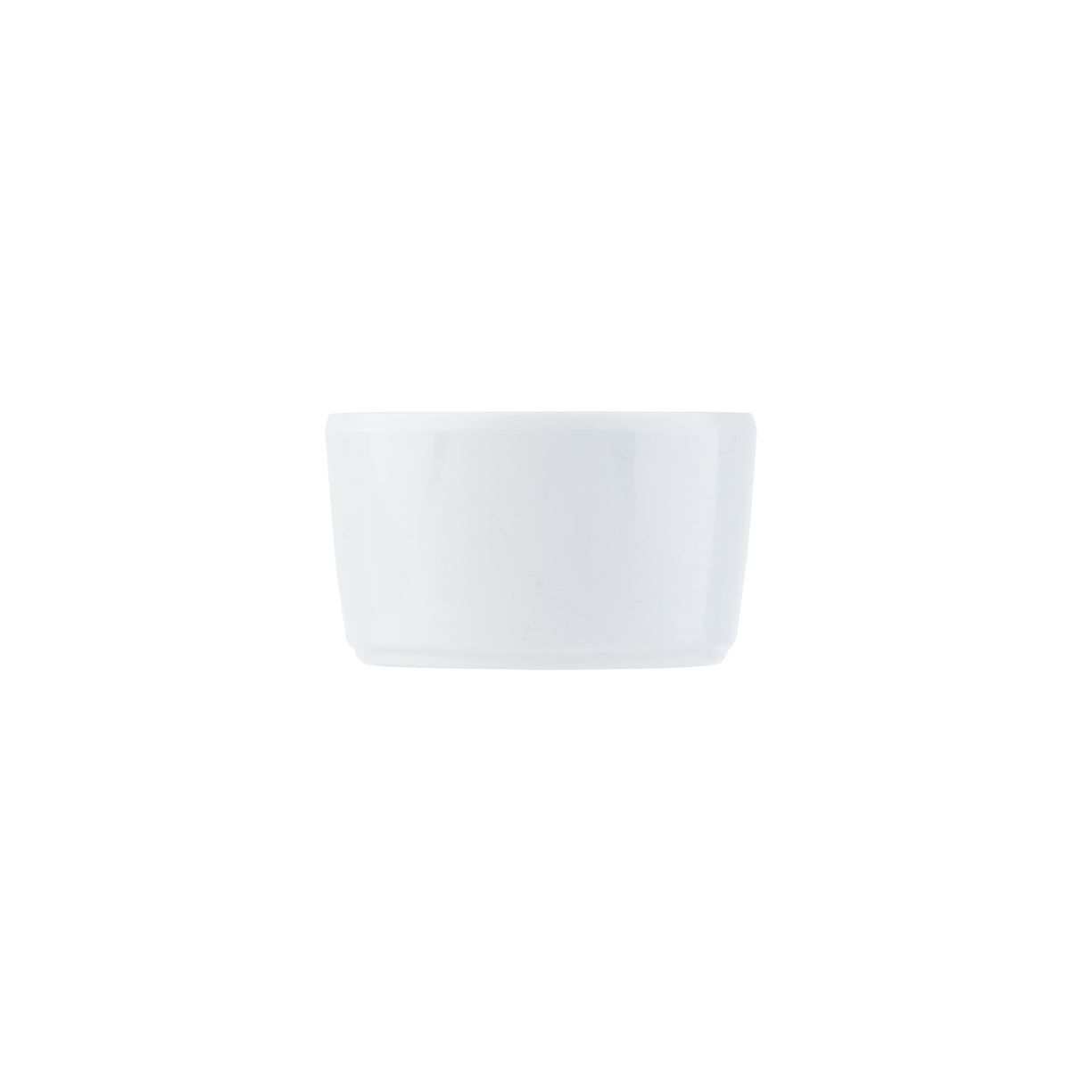 A plain, white, 4 oz ceramic ramekin is centered on a white background. The ramekin has smooth sides, a flat base, and no visible patterns or decorations. It appears empty and evenly lit.