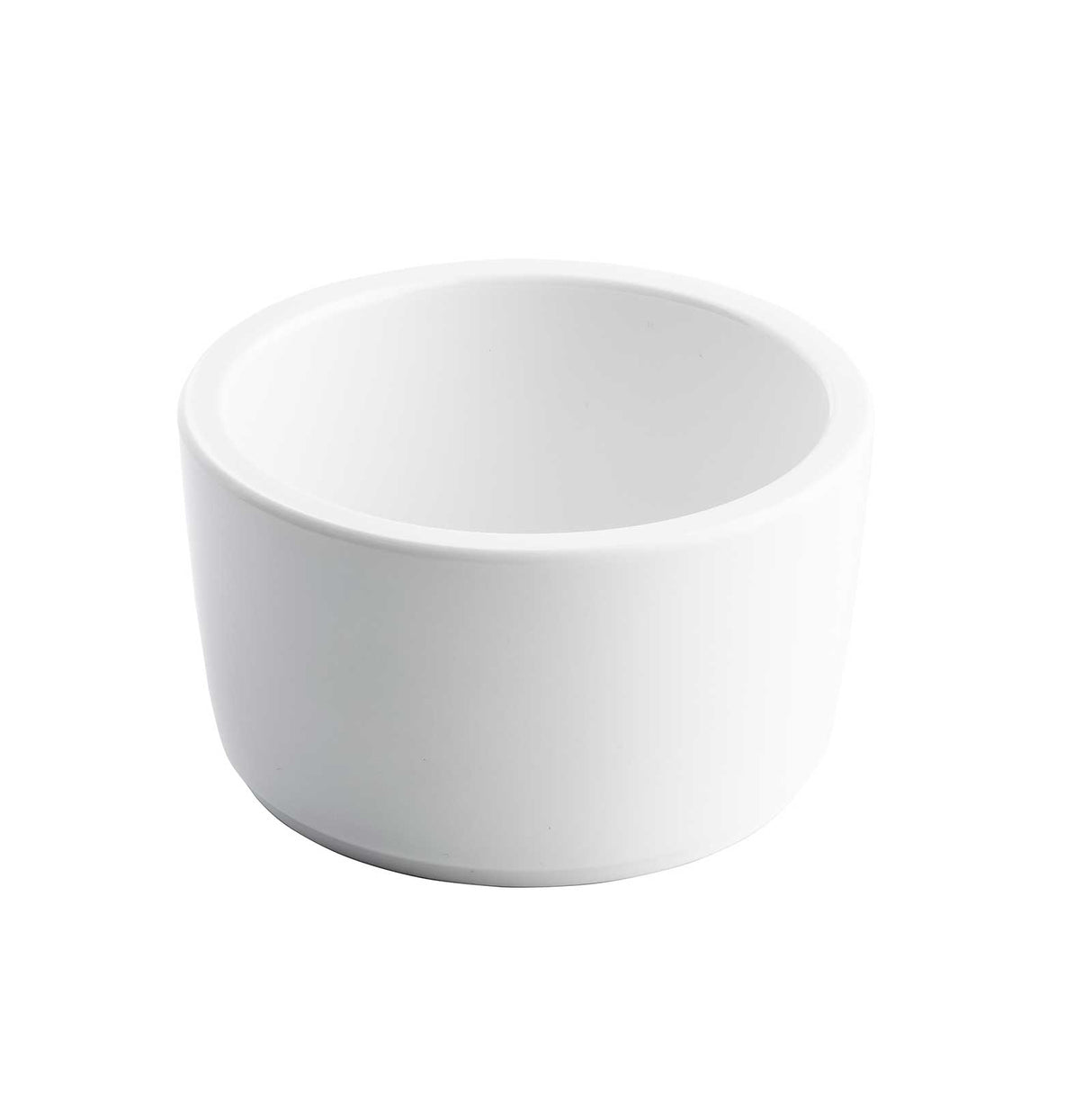 A small, plain white ceramic ramekin with smooth sides and a round open top, set against a white background. The 6 oz bowl appears clean and simple, with no patterns or decorations.