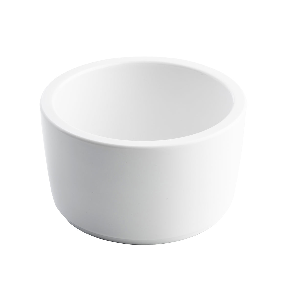 A plain, white, round 10 oz. ceramic bowl with thick walls and a smooth surface, shown on a white background. The bowl is empty and photographed at a slight angle, highlighting its simple and minimalist design.