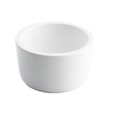 A plain, white, round 10 oz. ceramic bowl with thick walls and a smooth surface, shown on a white background. The bowl is empty and photographed at a slight angle, highlighting its simple and minimalist design.