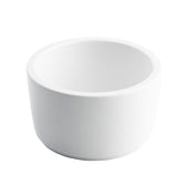 A plain, white, round 10 oz. ceramic bowl with thick walls and a smooth surface, shown on a white background. The bowl is empty and photographed at a slight angle, highlighting its simple and minimalist design.