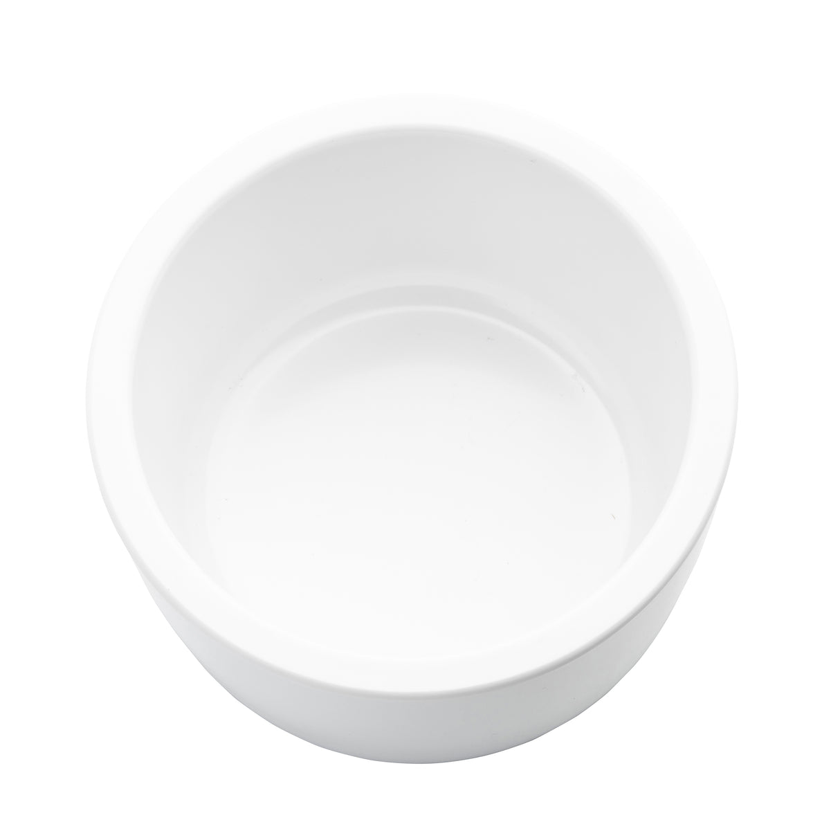 A plain, empty white ceramic bowl is shown from above against a white background. The 10 oz. bowl has smooth, curved sides and a glossy finish, with no designs or patterns, emphasizing its simplicity and clean appearance.