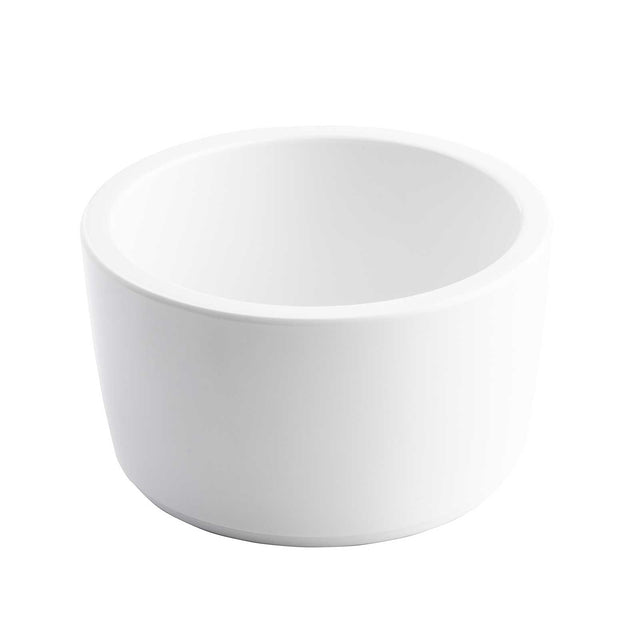 A plain, white, cylindrical 12 oz. ceramic bowl with smooth sides and a slightly rounded rim. The bowl is empty and set against a white background, emphasizing its clean and minimalist design.
