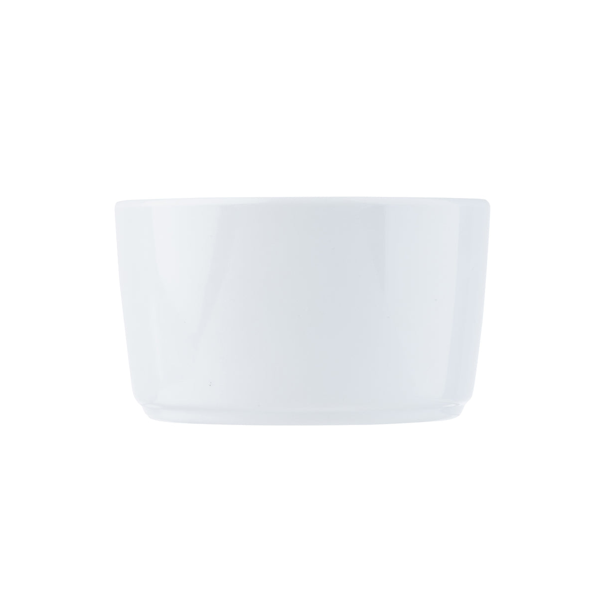A plain, white, cylindrical ceramic bowl sits against a white background. Reminiscent of a ramekin, it features smooth sides with no visible patterns or decorations, and its rim is slightly wider than its 12 oz. base.
