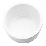 A top-down view of a plain, empty, round white melamine ramekin with smooth sides and no visible patterns, 14 oz. capacity, placed against a white background.
