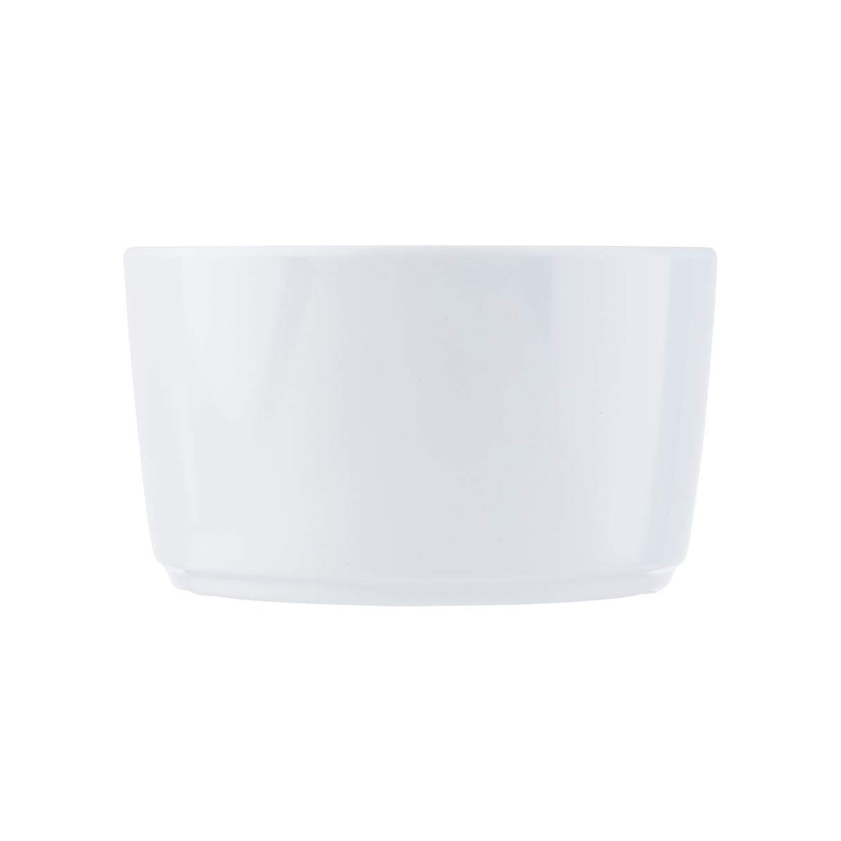 A plain, white, round 14 oz. ceramic bowl is shown against a white background. The bowl has smooth sides, a slight lip at the top rim, and a flat base, resembling a large ramekin with no visible patterns or decorations.