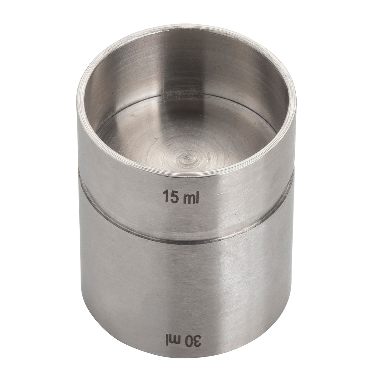 A stainless steel jigger with two cylindrical sections for measuring liquids. The upper section is labeled 15 ml and the lower section 30 ml, making this thimble jigger ideal for precise pours. It features a smooth, metallic finish and no handle.