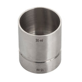 A stainless steel jigger measuring cylinder with 30 ml and 15 ml volume markings—perfect as a thimble jigger or 1 oz jigger. It features smooth, brushed metal sides, a seamless polished interior, and sits against a plain white background.