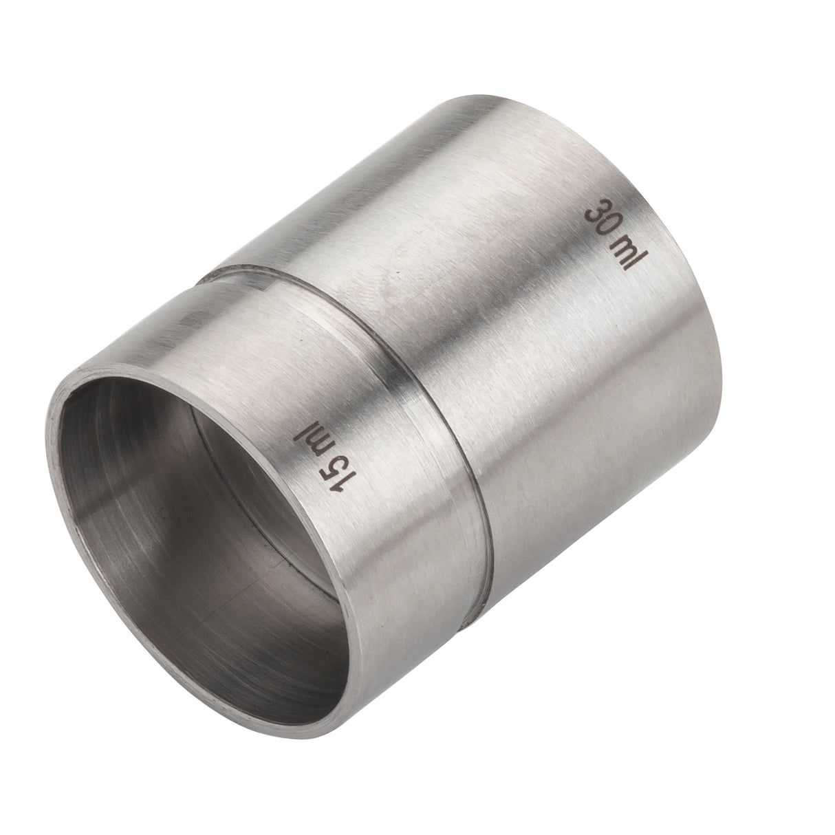 A stainless steel jigger with two measurement cups, one marked 15 ml and the other 30 ml. This thimble jigger is positioned at an angle, showing both markings clearly on its brushed, reflective metal surface against a white background.
