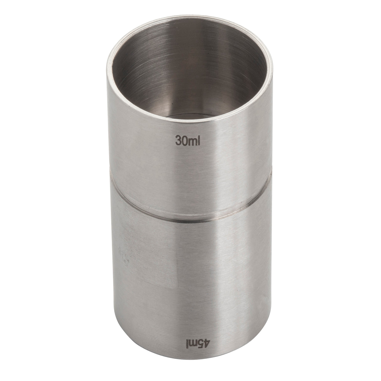 A polished stainless steel jigger, also known as a thimble jigger, features engraved markings for 30ml and 45ml measurements. This double-sided 1 oz jigger stands upright on a white background, making precise liquid measuring easy.